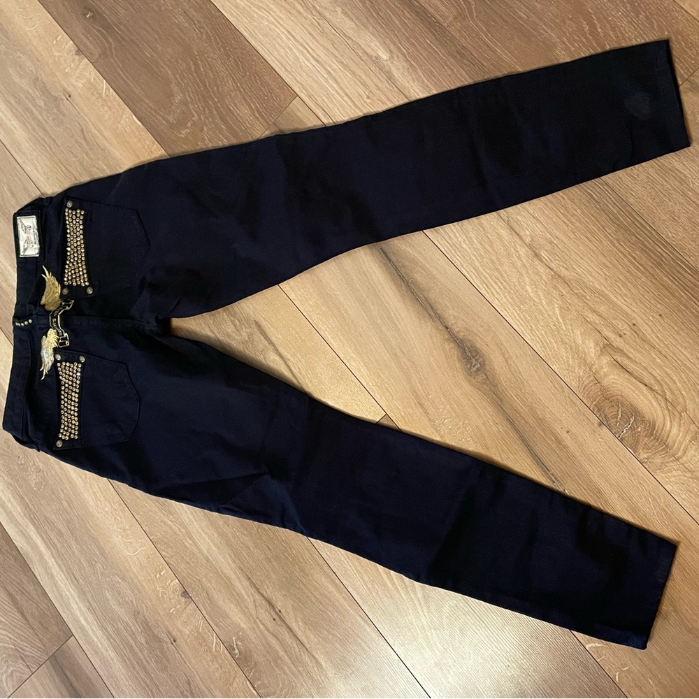 Robins black jeans with gold rhinestones in back packet. Size 27